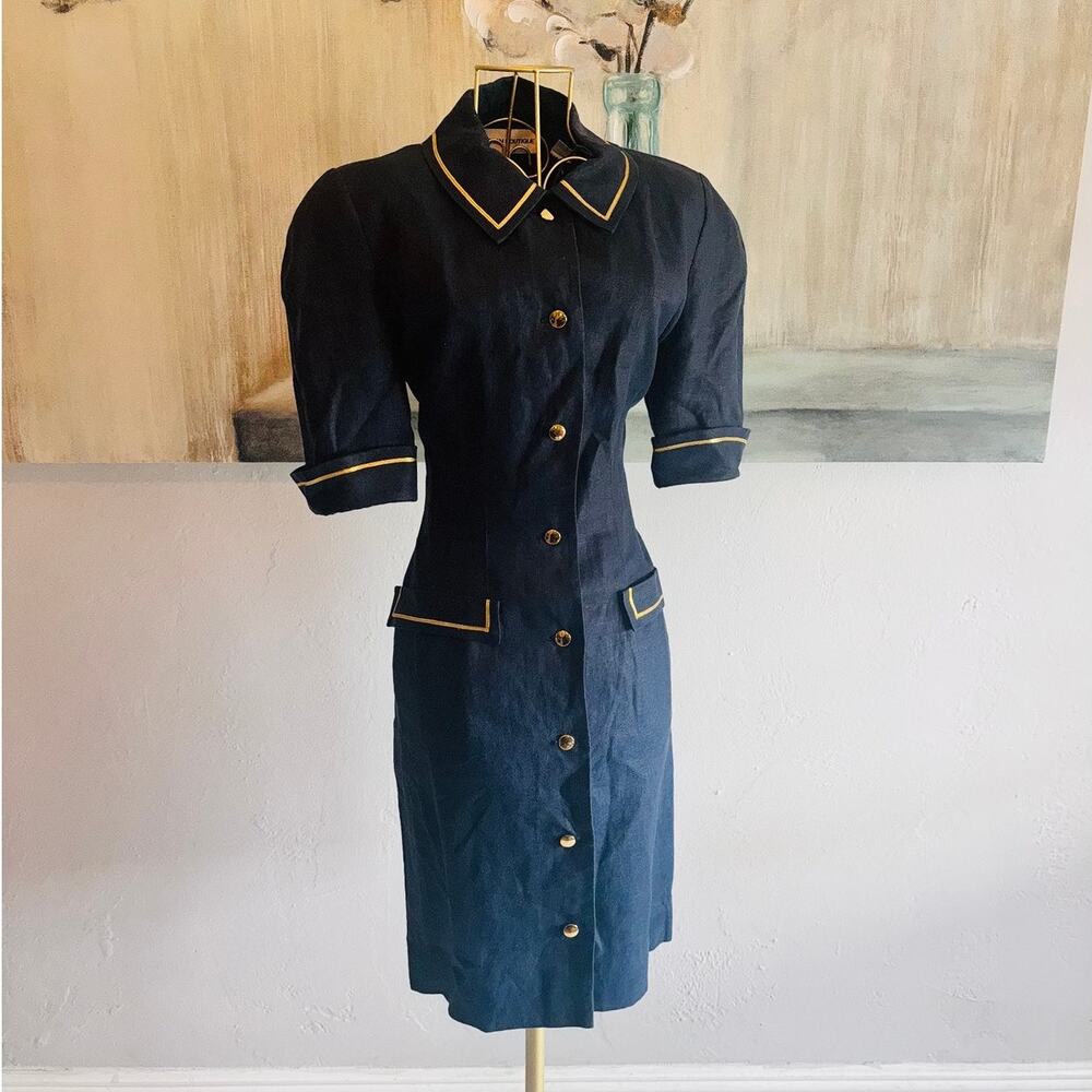 Nipon Boutique 100% Linen Navy Gold Trim Shirt Dress US 6 Midi Korea